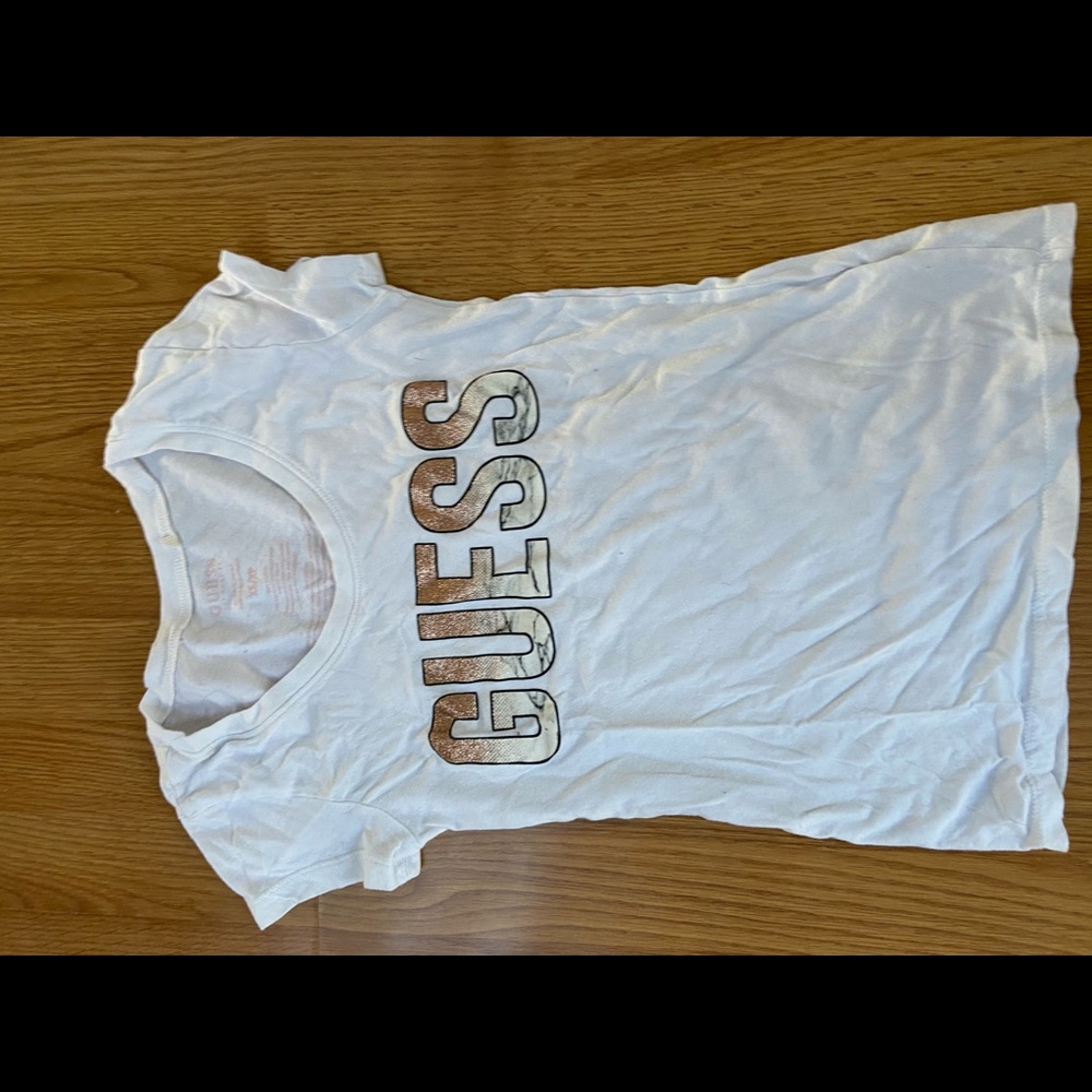 Guess what marble and glitter white tee shirt
